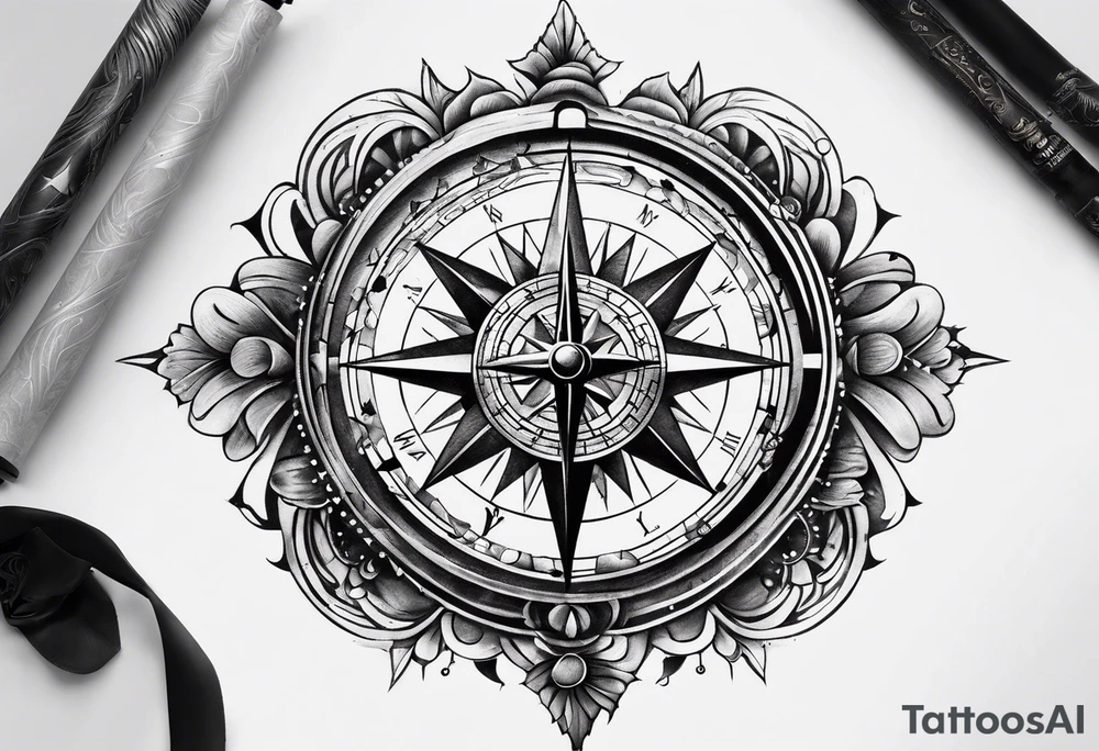 Upper arm sleeve time compass god life love tattoo idea