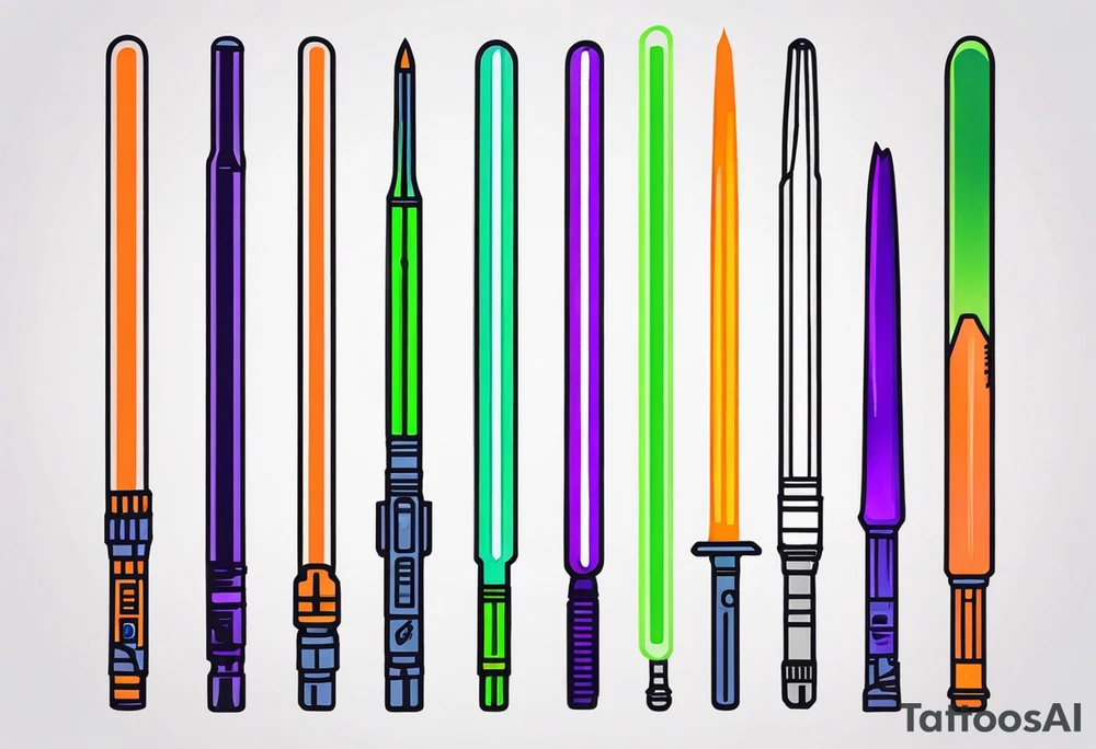 blue lightsaber, green lightsaber, orange lightsaber, purple lightsaber tattoo idea