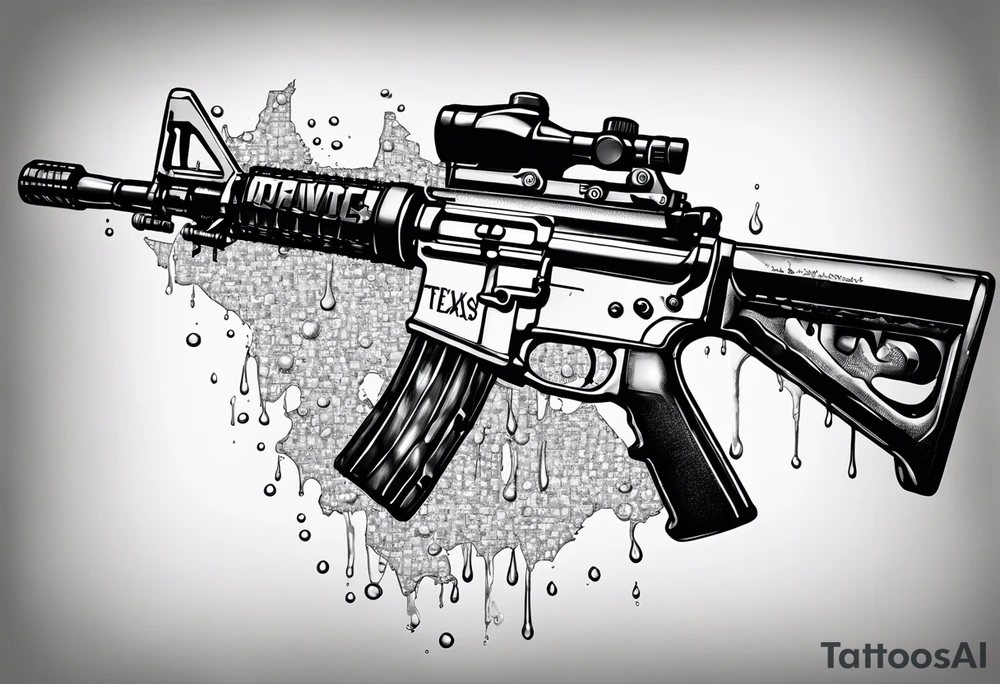 AR15 dripping syrup with "Texas Made" on the top the words Texas Made in bubble tag letters on top of the AR tattoo idea