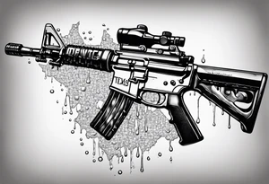 AR15 dripping syrup with "Texas Made" on the top the words Texas Made in bubble tag letters on top of the AR tattoo idea