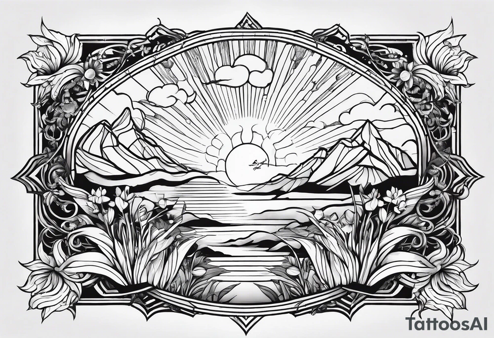 om, sparrow, sunrays, staircase, cosmos, iris, daisy tattoo idea