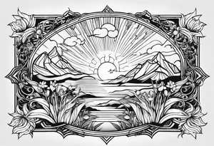 om, sparrow, sunrays, staircase, cosmos, iris, daisy tattoo idea