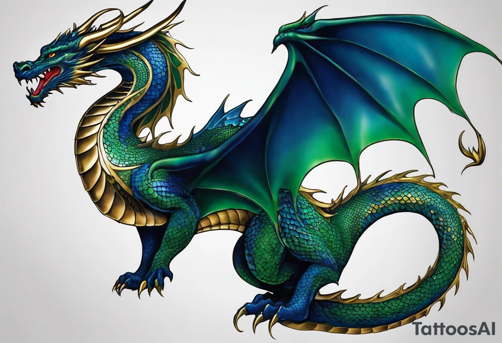 Surrealistic Tattoo: An epic with no wings, floating. Its long body coiling dynamically, with scales and horns detailed to create a sense of movement and strength. The dragon's main color is midnight blue but features accents in green, blue, and gold, giving a vibrant depth and a mystical aura. This tattoo highlights the dragon’s fierce expression and sharp claws as it wraps protectively around the leg. Style: Surrealism tattoo idea