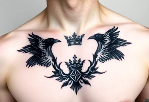 Chest tattoo, two ravens and icelandic symbols, dark brest tattoo, crown betwen ravens tattoo idea