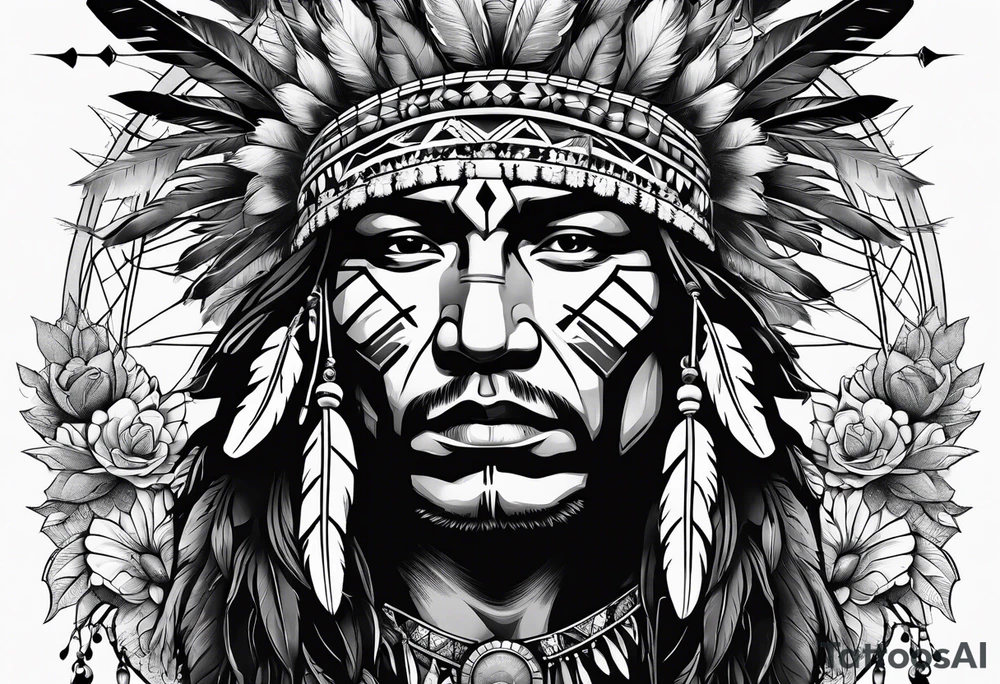 Native american man, flowers, dream catcher, tattoo idea Native american man, flowers, dream catcher, tattoo idea