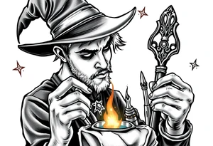 Young guy is exploring witch supplies, tools, equipment tattoo idea