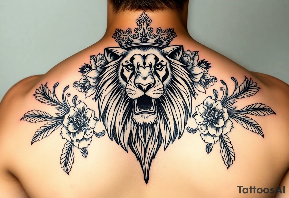 powerful majestic lion with a crown, surrounded by floral ornaments and birds tattoo idea