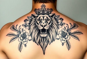 powerful majestic lion with a crown, surrounded by floral ornaments and birds tattoo idea