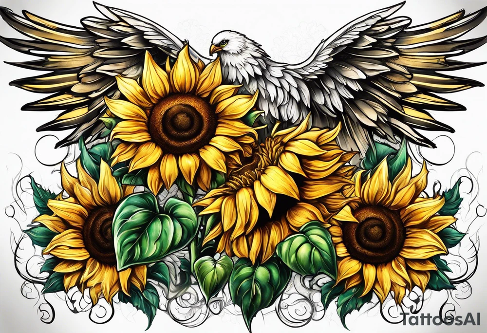 Sunflowers and angel wings leg sleeve tattoo idea