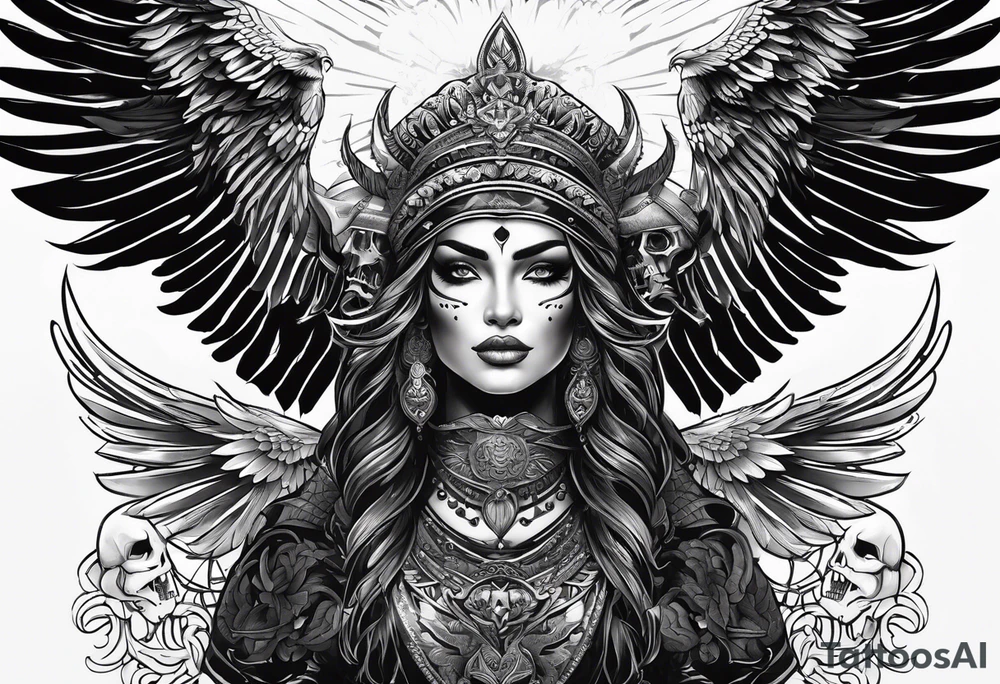 black kali, goddess pirate, alien, pachamama, valkrye, warrior, skull, lotus azul, wing, eagle, zenza resonance, stars, 5D tattoo idea