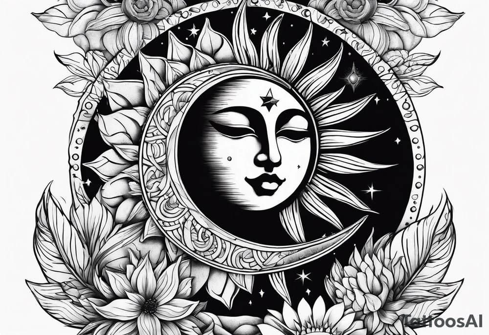Floral sun and moon astronomy tattoo idea
