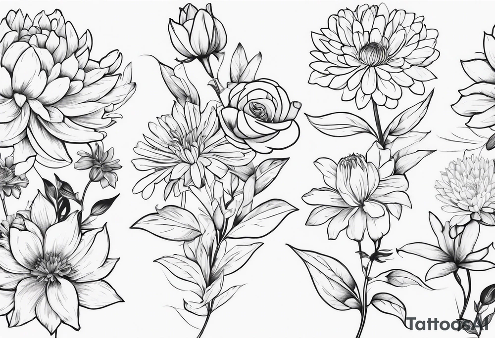 Asters, roses, lillies, and chrysanthemums in a long line tattoo idea