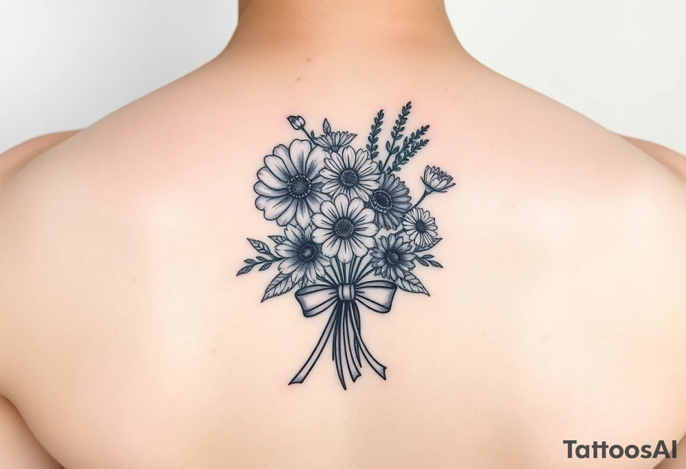 A small bouquet where the carnation, larkspur, daisy, and aster are gathered together at the stems and tied with a flowing ribbon bow tattoo idea