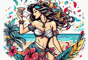 vintage beach dance party with music and confetti, tropical drinks tattoo idea