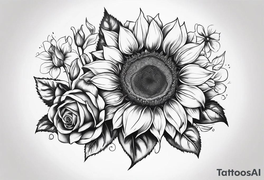 Sunflower and rose flower tattoo idea