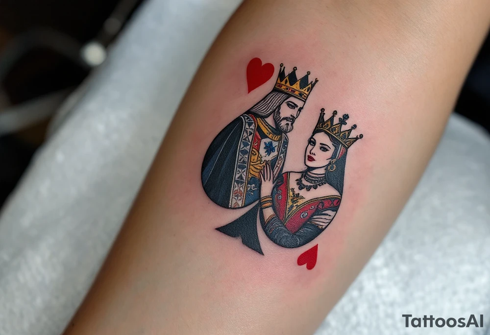 Two playing card symbols—King of Spades and Queen of Hearts—done in black, red, and subtle shading. tattoo idea