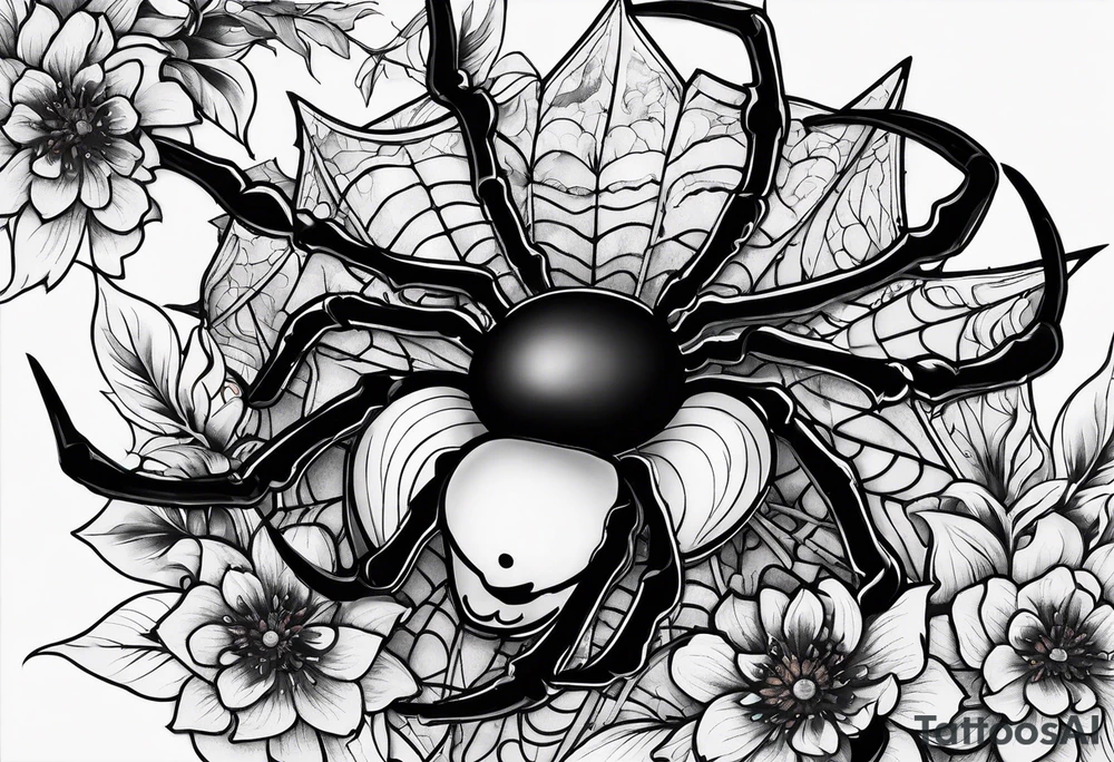 Spiders and black flowers tattoo idea