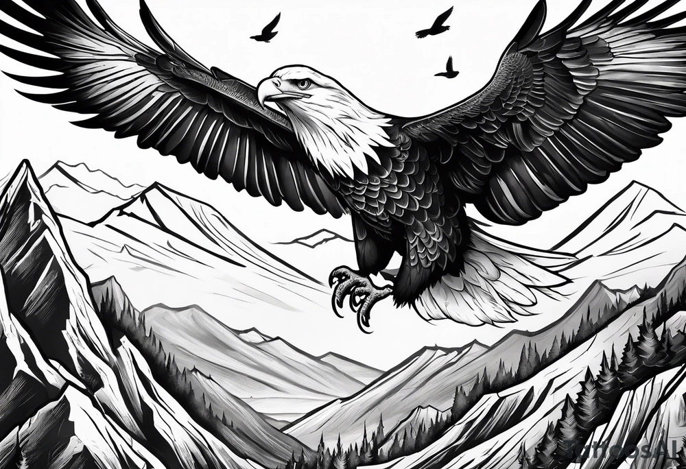 Eagle flying over a mountain with a Dove sitting on a branch in the background tattoo idea