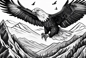 Eagle flying over a mountain with a Dove sitting on a branch in the background tattoo idea