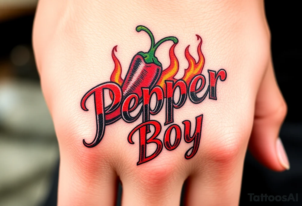 Chili pepper and fire lettering says Pepper Boy tattoo idea