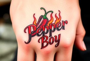 Chili pepper and fire lettering says Pepper Boy tattoo idea
