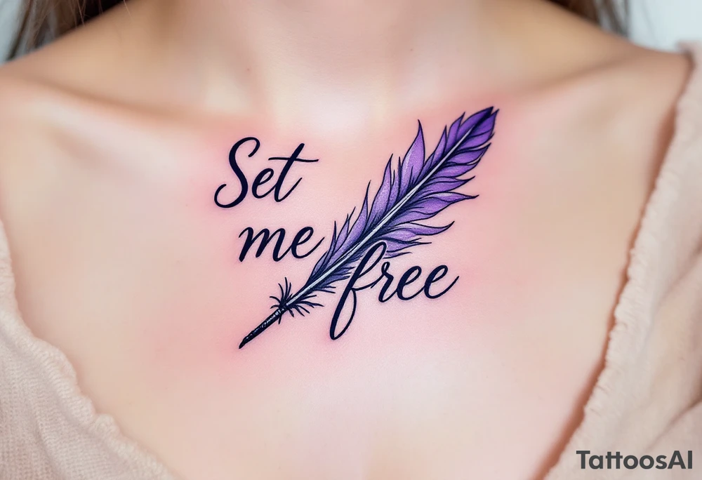 A lavender script quote reading “Set me free” wrapped around a black quill symbolizes the power of words to liberate. tattoo idea