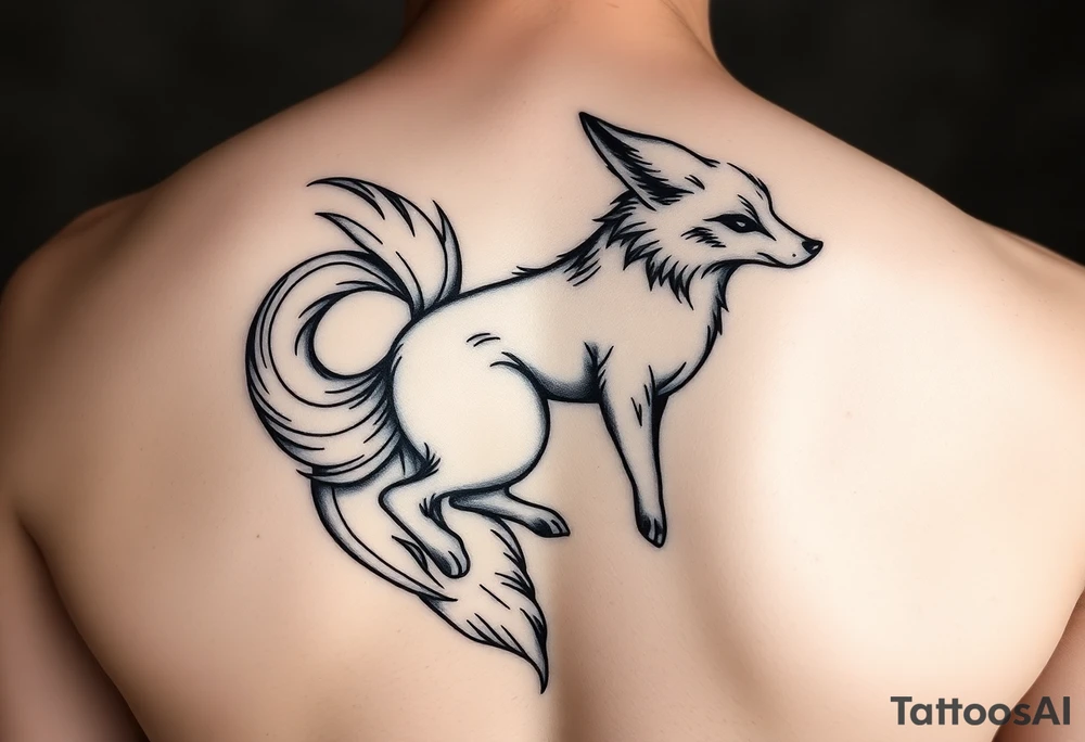 feminine fox of nine tails, the tails are flowy and end looking like flames. The tails wrap around the shoulder body curves and head ending below the armpit tattoo idea