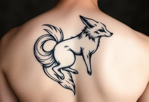 feminine fox of nine tails, the tails are flowy and end looking like flames. The tails wrap around the shoulder body curves and head ending below the armpit tattoo idea