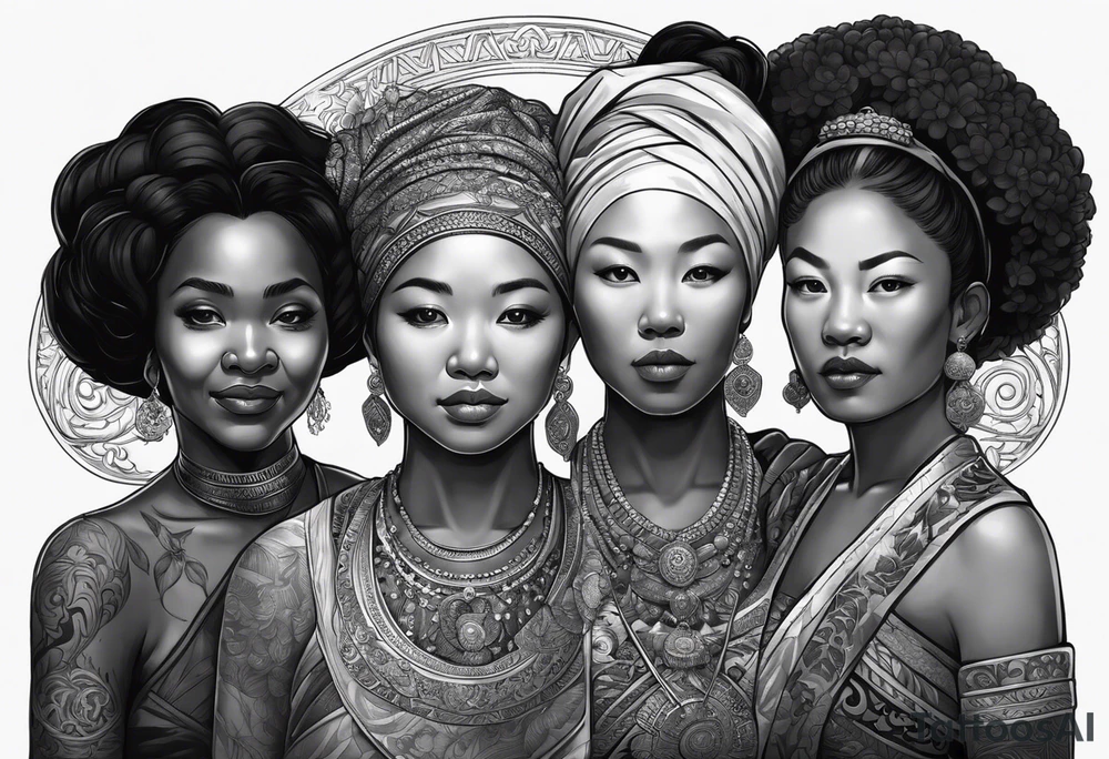 three  people side by side. a really really young black Daughter on the left, a wight mother in the middle, really really old asian grandmother on the right. greater age difference, in an artfully decorated frame tattoo idea