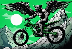 gargoyle riding a full suspension green mountain bike with a shadow no background with wings tattoo idea