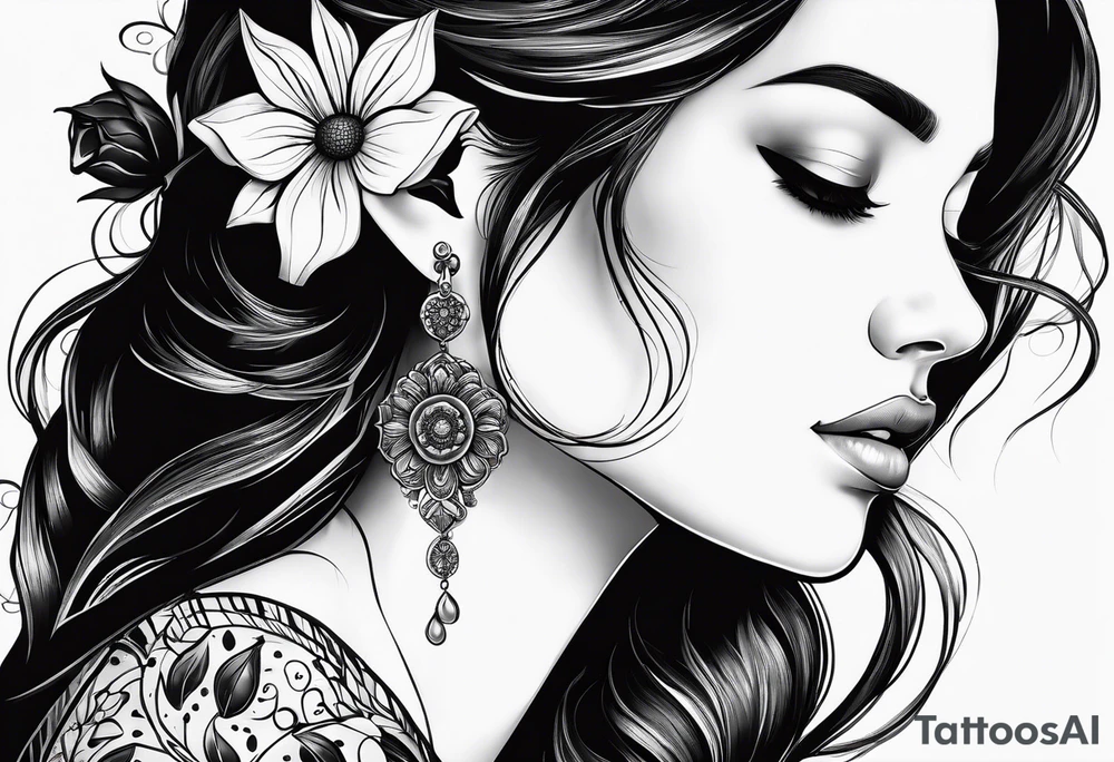 side profile of one women with flower on ear with lady bugs on the flower tattoo idea