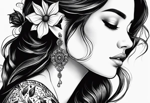 side profile of one women with flower on ear with lady bugs on the flower tattoo idea