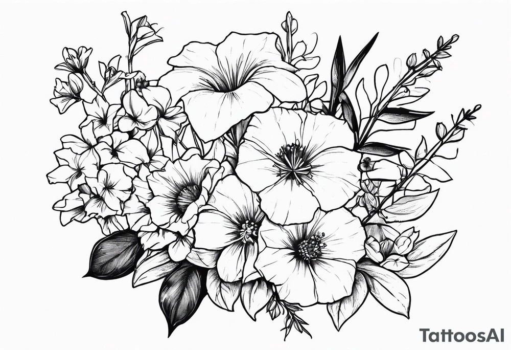 Larkspur, morning glory, delphinium and aster bouquet tattoo idea