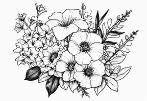 Larkspur, morning glory, delphinium and aster bouquet tattoo idea