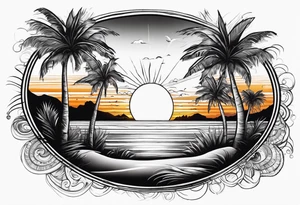 Circle: Sunset on beach palm trees tattoo idea