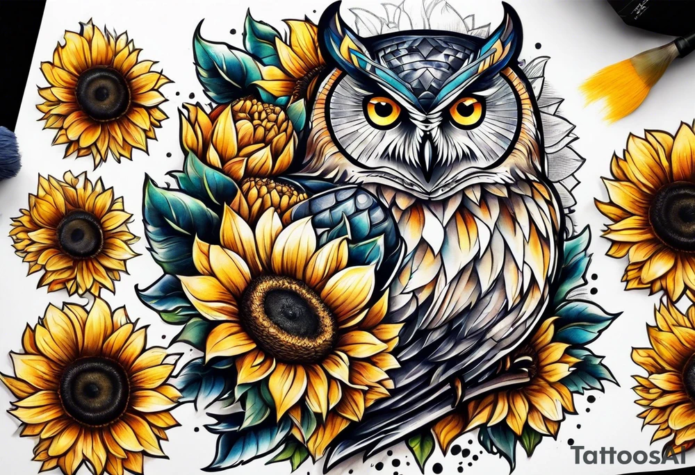 Owl with sunflowers leg sleeve tattoo idea