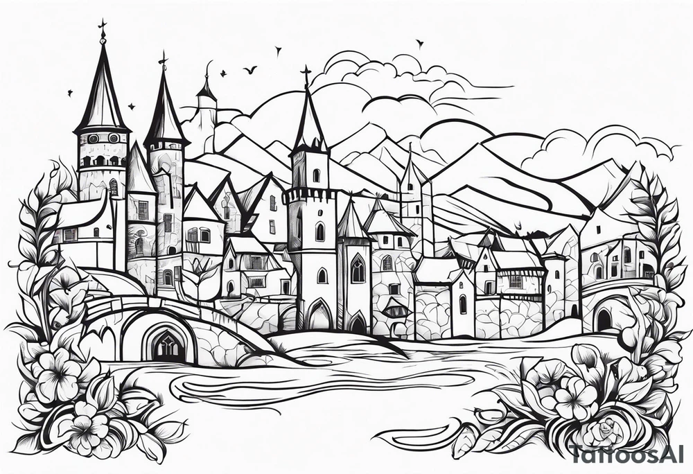 medieval tribal city 
floral  land  vignette tattoo idea