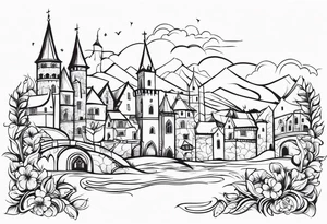 medieval tribal city 
floral  land  vignette tattoo idea