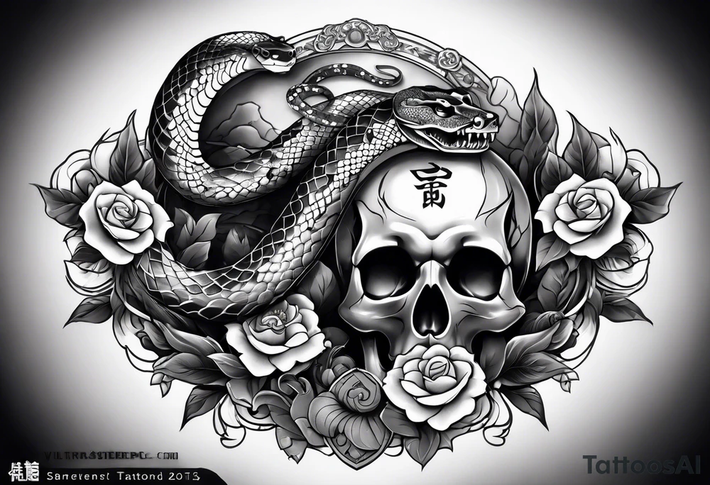 sleeve tattoo with a snake, gun, skull and Japanese designs tattoo idea