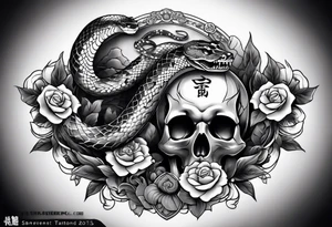 sleeve tattoo with a snake, gun, skull and Japanese designs tattoo idea