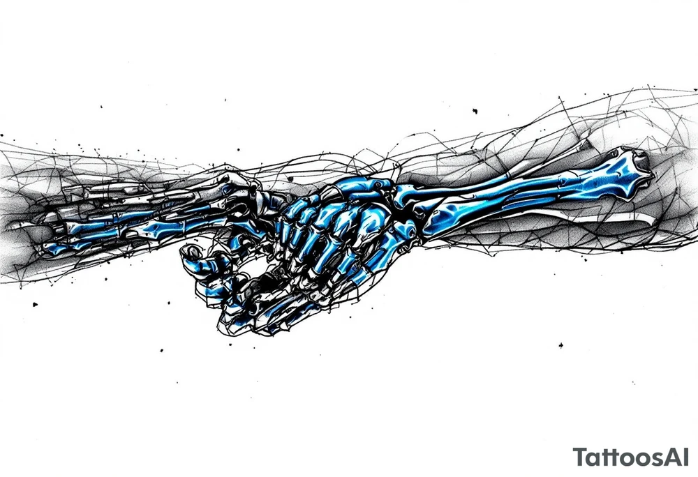 A transparent overlay effect showing the hand's inner mechanical structure, with shimmering metallic blue bones and joints. tattoo idea