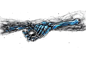 A transparent overlay effect showing the hand's inner mechanical structure, with shimmering metallic blue bones and joints. tattoo idea