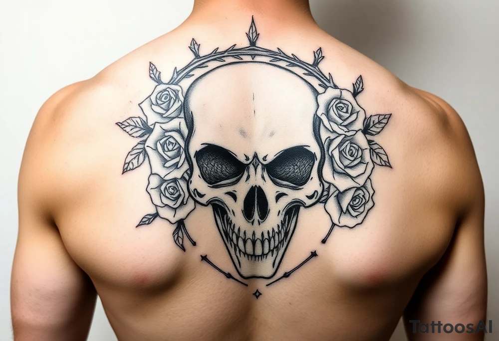ornate skull adorned with crown of wild roses and thorns tattoo idea
