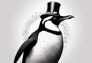 Realistic Penguin with a party hat and a ballon crosshatch style tattoo idea
