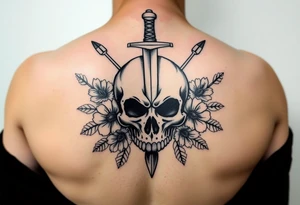 For the arm. High resolution. Realistic skull with dagger through the top of it. Surrounds by arrows, flowers and leaves. Symmetrical tattoo idea