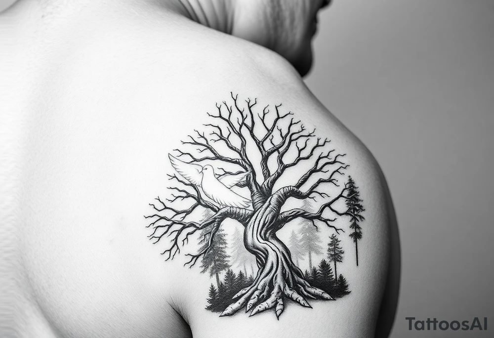 A black and grey realism tattoo design strictly placed on the shoulder. Sun rays radiate from the top of the shoulder, while a serene forest scene is located at the bottom of the shoulder. A prominent poison tree with twisted and gnarled branches is placed in the foreground, symbolizing duality and mystery. A white dove in mid-flight is positioned slightly above or near the tree, symbolizing peace and hope. The design should feature intricate shading, high contrast, and a balance of realism and artistic flair, perfectly fitting the shoulder anatomy." tattoo idea