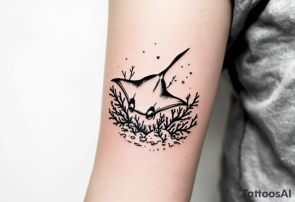 Manta Ray swimming, diver bellow, coral reef bellow for forearm tattoo idea