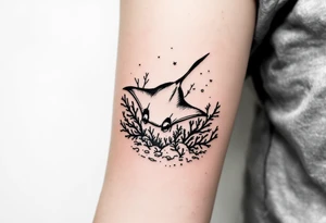 Manta Ray swimming, diver bellow, coral reef bellow for forearm tattoo idea