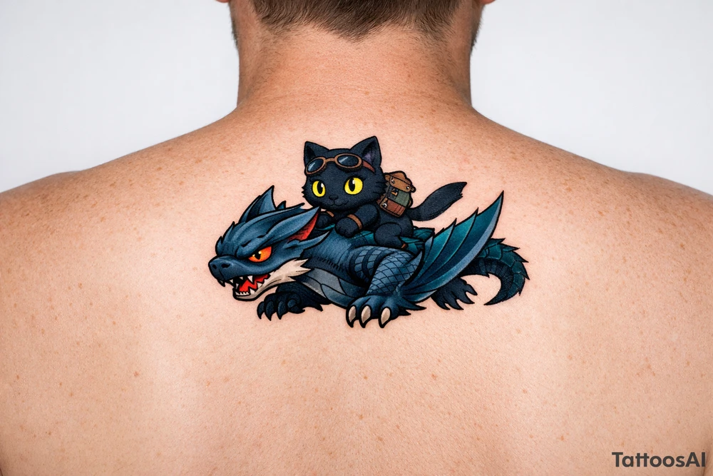Minimalist fantasy tattoo flash illustration of a cute chibi Palico feline cat riding on the back of a sleek, simplified Nargacuga wyvern dragon. The Nargacuga is designed with smooth fluid linework, stylized with a rich mix of dark steel blue and deep teal color gradients. The Palico cat is matte black with large, bright glowing yellow eyes. Neo-traditional tattoo style, bold black outer linework, no fine micro-shading, high contrast, pure white background. tattoo idea