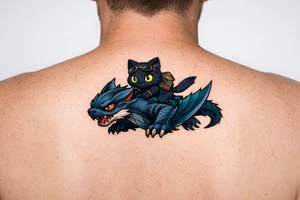 Minimalist fantasy tattoo flash illustration of a cute chibi Palico feline cat riding on the back of a sleek, simplified Nargacuga wyvern dragon. The Nargacuga is designed with smooth fluid linework, stylized with a rich mix of dark steel blue and deep teal color gradients. The Palico cat is matte black with large, bright glowing yellow eyes. Neo-traditional tattoo style, bold black outer linework, no fine micro-shading, high contrast, pure white background. tattoo idea
